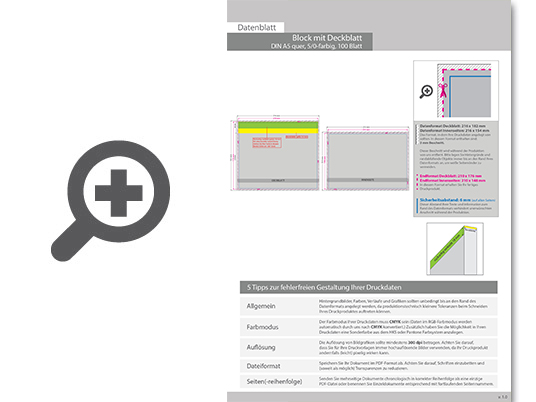 Product Bild block_mit_leimbindung_und_deckblatt__din_a5_quer__100_blatt__5_0_farbig_einseitig_bedruckt_(cmyk_4-farbig_+_1_sonderfarbe_hks_oder_pantone)